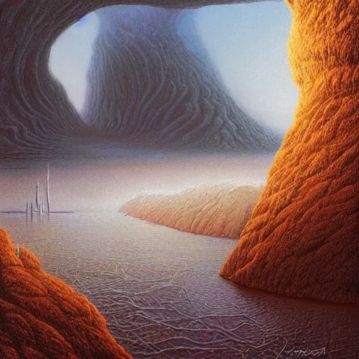 Image similar to artistic digital artwork of an epic natural scene on an alien planet. beautiful landscape by vincent bons, michael whelan, remedios varo and gerardo dottori. grainy and rough. interesting pastel colour palette. beautiful light. oil and water colour based on high quality render.