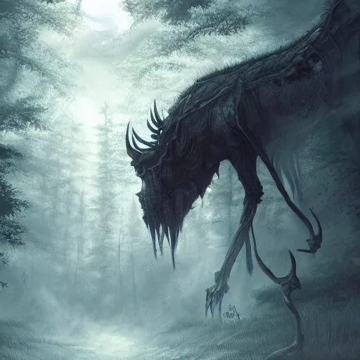 Prompt: Giant creepy creature with horns in a forest, digital art, realistic, moonlight, artstation, detailed