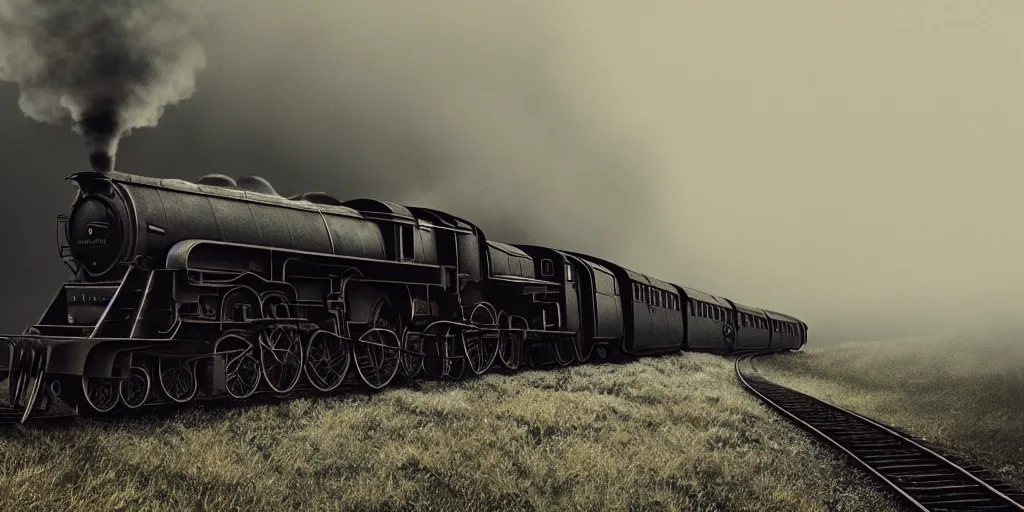 Image similar to an old steam train, steam, bridge by Aron Wiesenfeld and beksincki, cinematic, detailed illustration, nature, fog, dark colors, suspense, intricate, 8k