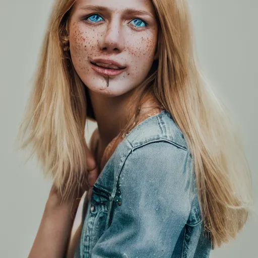 Image similar to Portrait photography of a Blonde Girl, Young Beautiful Face, Green Eyes, Freckles, Wearing a white crop-top and jeans, with a subtle smile, Detailed, 8K, Epic, Charming, Character, Octane Rendering, Hyper Realistic