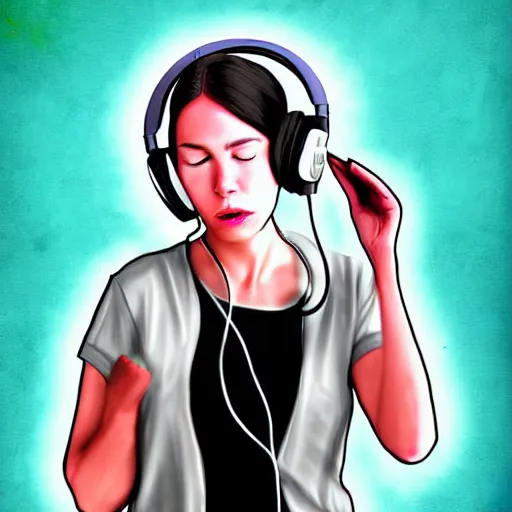 Prompt: a woman with headphones on, digital art masterpiece, by rockinjellybean