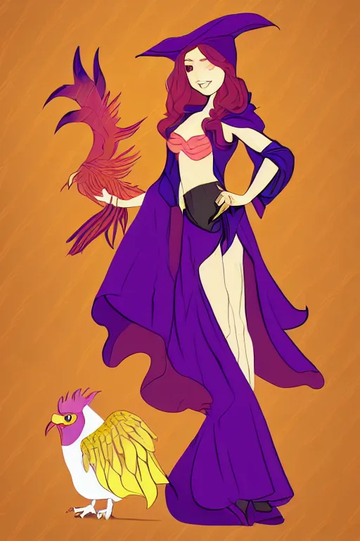 Image similar to Young beautiful short woman in purple witch robes and pointy hat with a small pet phoenix on her shoulder, full body shot, cell shading