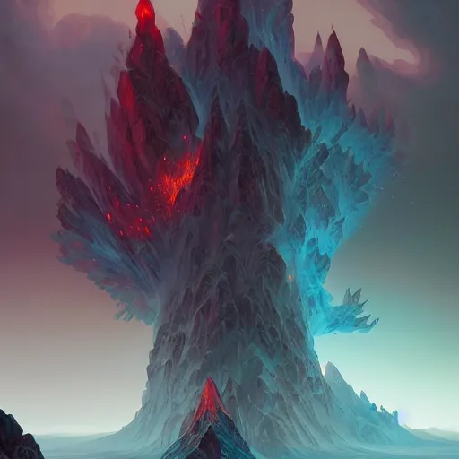 Image similar to mountain reaches into the sky, huge daragons breathing ice and fire by peter mohrbacher and dan mumford and nekro, cgsociety, volumetric light, 3 d render