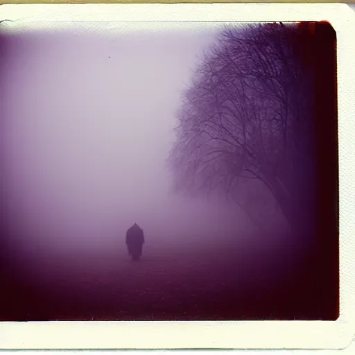 Image similar to the fog is thick shelter for ghosts, polaroid photography in style of andrey tarkovski, eerie, mystical, sublime