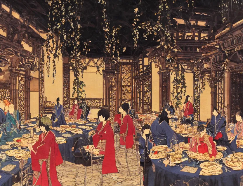 Prompt: great banquet in the palace courtyard. this oil painting by the award - winning mangaka has a beautiful composition, great sense of depth, dramatic lighting and intricate details.