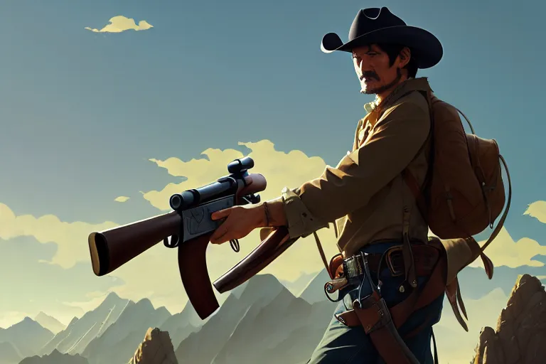 Image similar to old pedro pascal as a cowboy with a beautiful rifle, single subject, mountaineous background, scenic full shot, ambient lighting, detailed face, by makoto shinkai, stanley artgerm lau, wlop, rossdraws