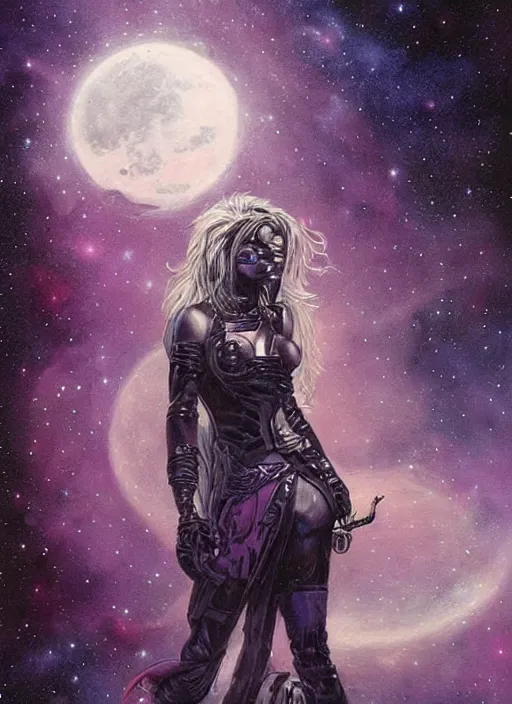 Image similar to portrait of female space pirate, night sky background, beautiful! coherent! by brom, deep color, strong line, high contrast