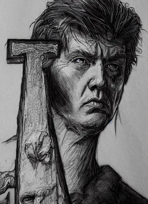 Prompt: portrait, Trump on a cross, watercolor, dramatic lighting, cinematic, establishing shot, extremely high detail, foto realistic, cinematic lighting, pen and ink, intricate line drawings, by Yoshitaka Amano, Ruan Jia, Kentaro Miura, Artgerm, post processed, concept art, artstation, matte painting, style by eddie mendoza, raphael lacoste, alex ross