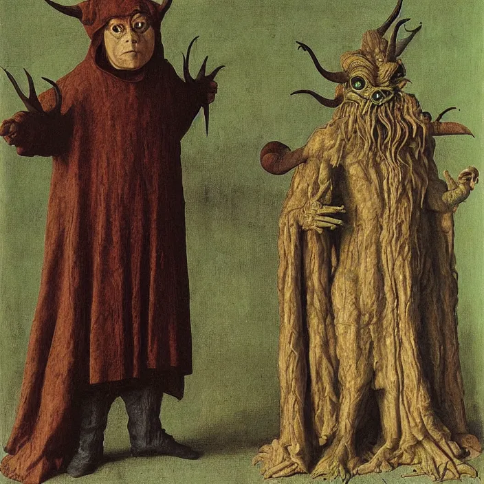 Image similar to a green-horned goblin monster, standing next to veiled figure, by Jan van Eyck