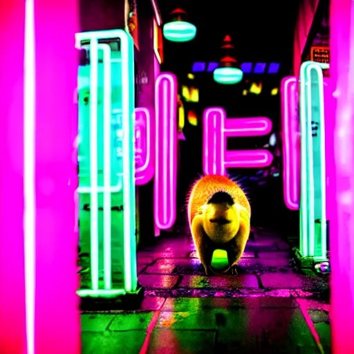 Image similar to capybara drinking bubble tea in cyberpunk, neon, pink and cyan seoul, detailed, street photography