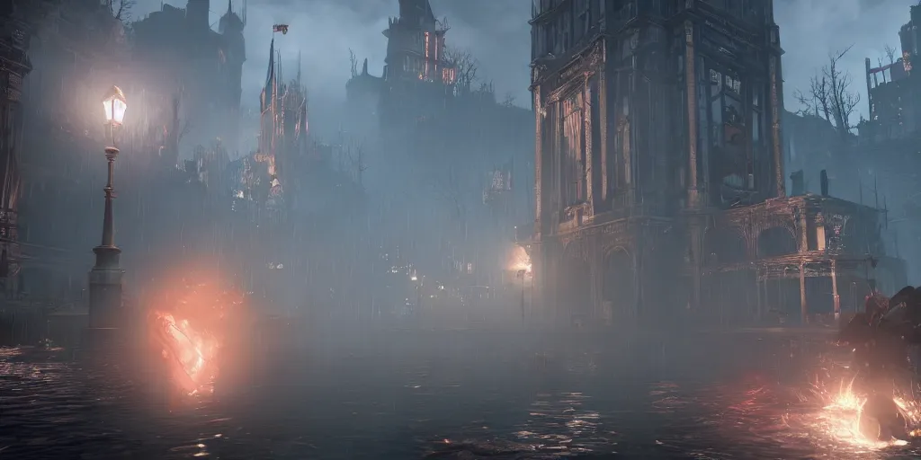 Image similar to mix between bioshock infinite and bloodborne, terrifying game, floating city