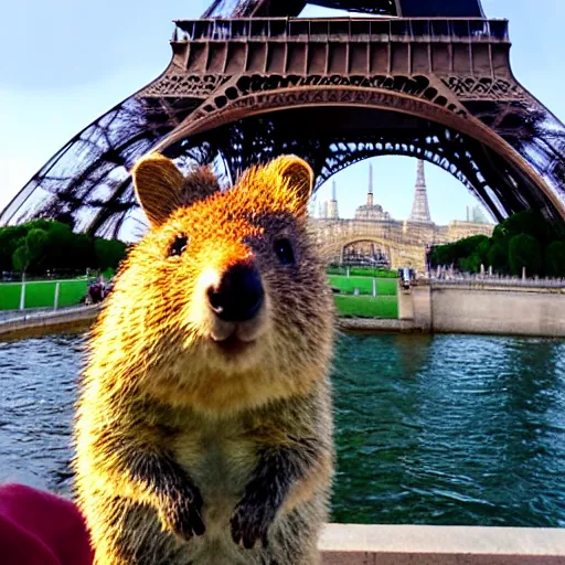 Prompt: a quokka taking a selfie in front of the eiffel tower, photorealistic