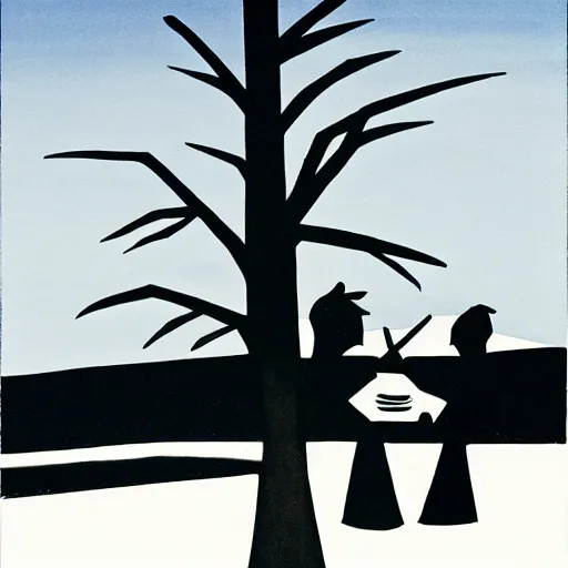 Prompt: a landscape and two silhouettes by tomi hungerer, illustration