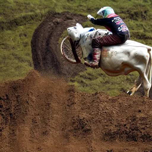 Image similar to a cow, standing on a motocross jump