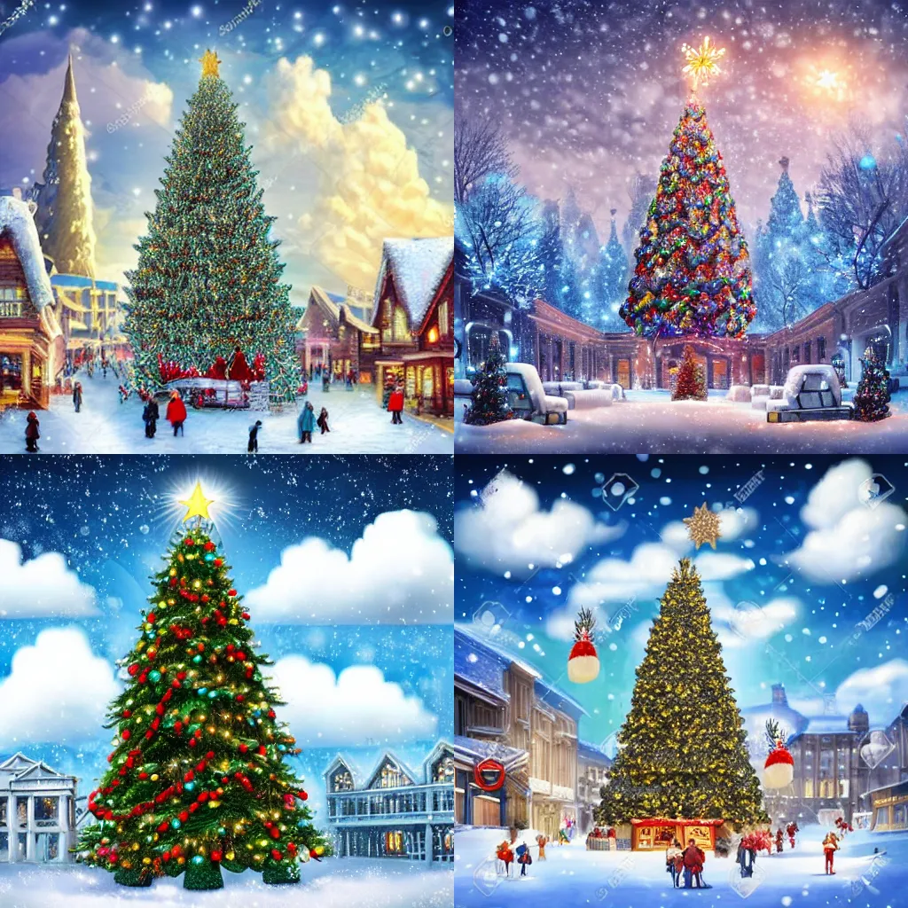 Prompt: Divinely realistic winter city of 1834, downtown Christmas tree decorated with toys, fantastically realistic white clouds, Divinely realistic winter town of 1834, downtown Christmas tree decorated with toys, fantastically realistic white clouds