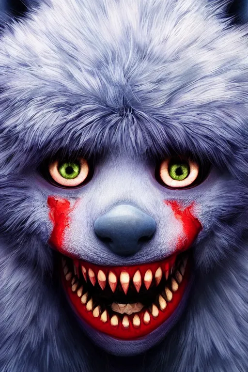 Image similar to a blue furry creature with [ bulging eyes ]!!!, [ [ immensely red large lips ] ]!!!, sharp teeth, 4 k photorealistic [ quality ], trending on cgsociety, horror art, eerie art style