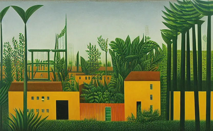 Image similar to geometric painting of industrial buildings surrounded by undergrowth by henri rousseau