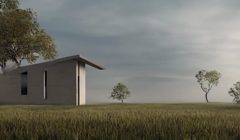 Prompt: A serene landscape with a singular building in the style of ultra realistic