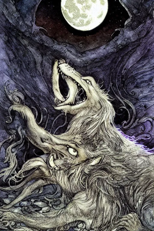 Image similar to crynos werewolf howling at the moon, art by luis royo and walter crane and kay nielsen, watercolor illustration, ultra sharp focus, wot