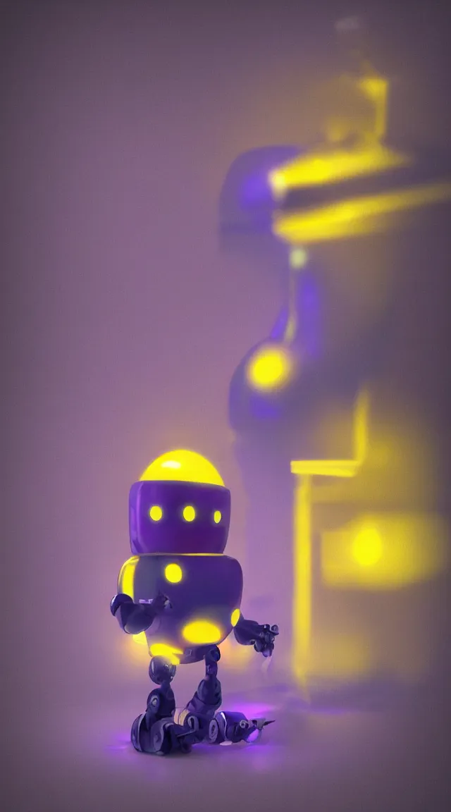 Image similar to tiny robot in the dark, hrd, hyperrealistic, hyper detailed, tiny, lights, yellow, purple, blue, top hat, moustache, dusk