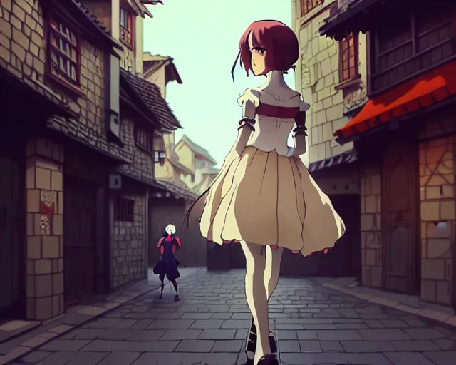 Image similar to anime still frame portrait of a young female walking through a busy medieval village, dynamic pose, dynamic perspective, detailed silhouette, cel shaded anime, ilya kuvshinov