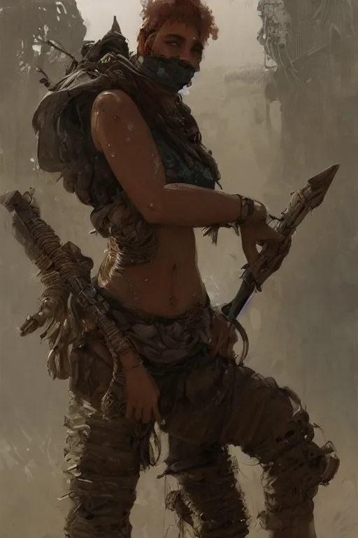Prompt: a full body portrait of a beautiful post apocalyptic offworld soldiers quarter bedouin blind pulp fiction scarlet wild rogue barbarian leper begging by the roadside, intricate, elegant, highly detailed, digital painting, artstation, concept art, smooth, sharp focus, illustration, art by krenz cushart and artem demura and alphonse mucha