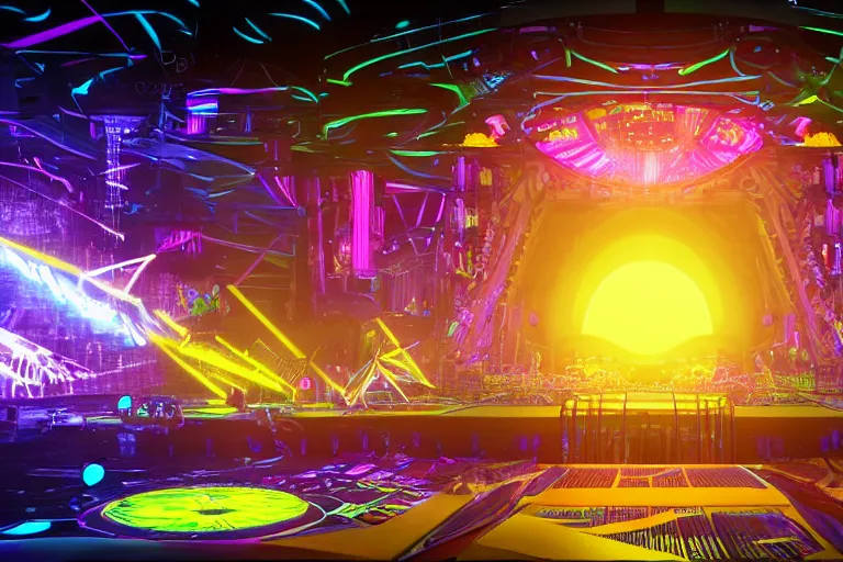 Image similar to a concert stage, big glowing letters over the stage tripmachine, center of the stage is a big futuristic steampunk generator surrounded by speaker towers, rock musicians on the stage, laser show, 8 k, fluorescent colors, halluzinogenic, multicolored, exaggerated detailed, unreal engine