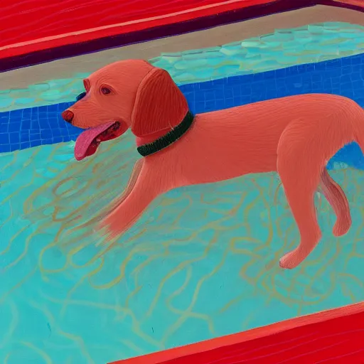 Prompt: close-up of a red dog at pool, painting by david hockney, higly detailed