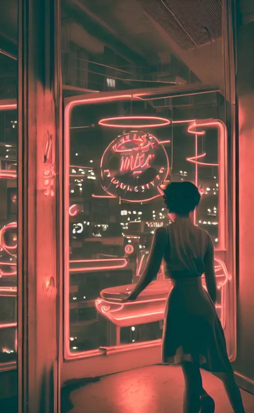 Image similar to vertical movie frame portrait of girl in 5 0's retro restaurant interior, neon - decorated urban on night in the city seen through the window, modern interior design, architectural design, vintage, night blade runner, dark, postapocalyptic, clean lines, 4 k, octane, asian futuristic city at distance, big windows, octane, wide angle