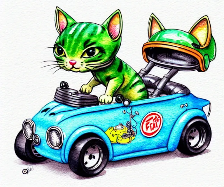 Image similar to cute and funny, kitten wearing a helmet riding in a tiny hot rod with oversized engine, ratfink style by ed roth, centered award winning watercolor pen illustration, isometric illustration by chihiro iwasaki, edited by range murata, tiny details by artgerm and watercolor girl, symmetrically isometrically centered