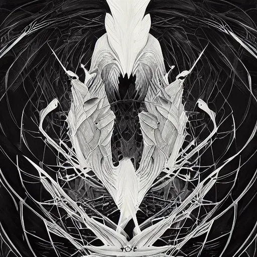Image similar to a simple white crow painting by Android Jones and M. C. Escher collaboration, futurist, digital art, dramatic lighting