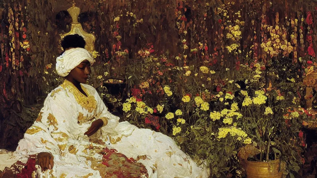 Image similar to high quality high detail painting by ilya repin, black woman in a white room with many plants, intricate costume design, orientalist, partially gold, ornate, elite, luxury, hd