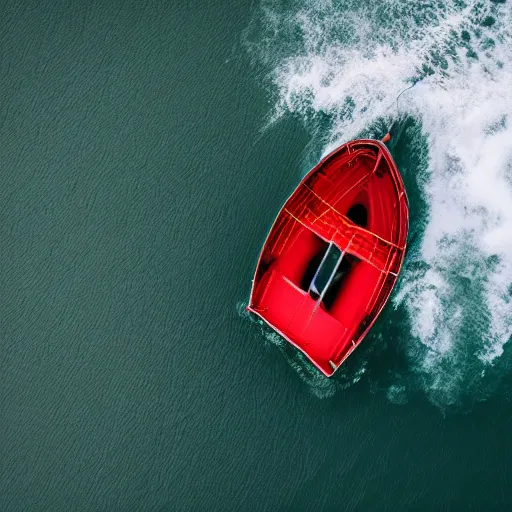 Prompt: a lonely boat floating in the turbulent red ocean, tsunami, fierce huge waves, dangerous depressing atmosphere, dark tone, disaster film, filmic, cinematic, aerial view