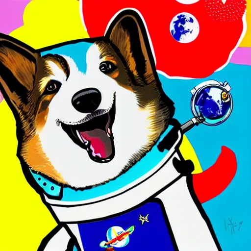 Prompt: a corgi cosmonaut in space, pop art, joshua davis, digital illustration, happy, colorful, cute, whimsical