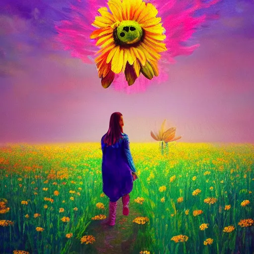 Prompt: girl walking in flower field, daisy flower as a face, full body, surreal photography, sunrise, impressionist painting, colorful clouds, digital painting, artstation, simon stalenhag, flower face