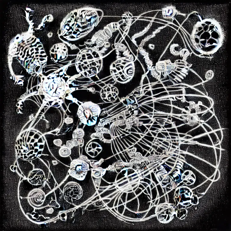 Image similar to a black and white drawing of a variety of sea life and filled with gundam mech equipment space station, a microscopic photo by ernst haeckel, zbrush central, kinetic pointillism, bioluminescence, biomechanical, intricate patterns, photoillustration