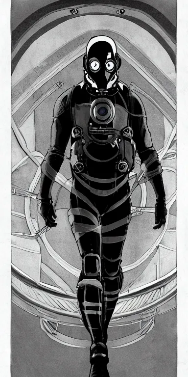 Image similar to full body cinematic shot of a male time traveling intelligence agent in a black and greyscale sealed continuity suit stepping through a time travel gateway, masculine, simple and functional with gaiter-style gas mask, a mix between splinter cell and metal gear solid by alphonse mucha