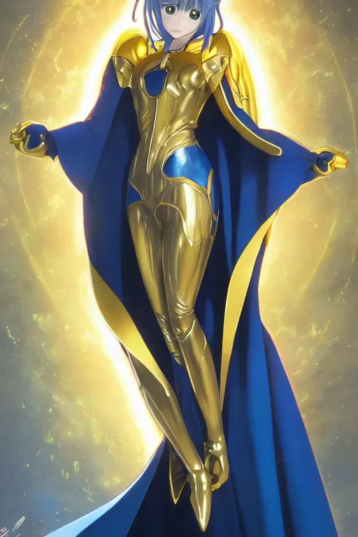 Image similar to anime key visual of a beautiful young female doctor fate!! intricate, gold and blue suit, cape, glowing, powers, dc comics, cinematic, stunning, highly detailed, digital painting, artstation, smooth, hard focus, illustration, art by artgerm and greg rutkowski and alphonse mucha