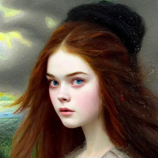 Image similar to Elle Fanning in the style of Sophie Anderson, head and shoulders portrait, stormy weather, extremely detailed masterpiece,