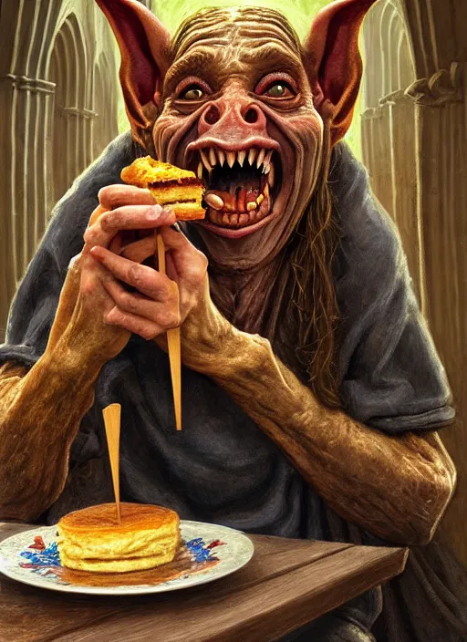 Prompt: portrait of a medieval goblin eating cakes in the cloisters, beautiful face, hyper realistic, highly detailed digital painting by earl norem, artstation illustration co