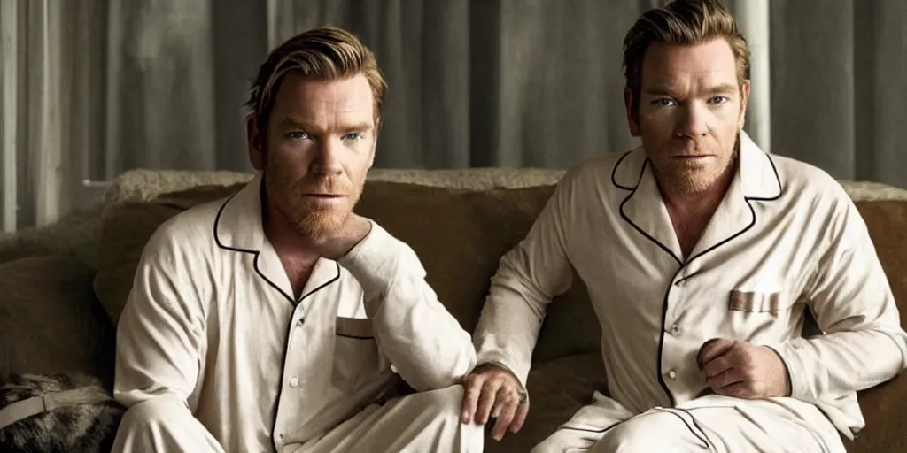 Prompt: ewan mcgregor is dressed to a pajamas. he is sitting on a sofa. on his lap is a brown cat. elegant. nice. epic scene. charismatic. light from window