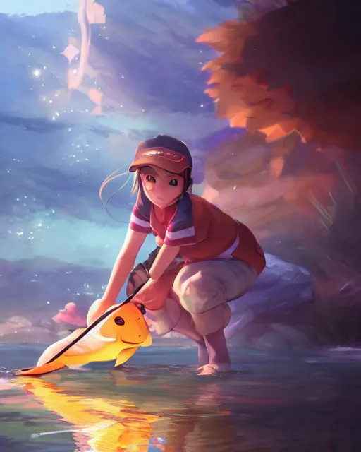 Prompt: a female pokemon trainer fishing for magikarp, full shot, atmospheric lighting, detailed face, by makoto shinkai, stanley artger m lau, wlop, rossdraws, james jean, andrei riabovitchev, marc simonetti, krenz c