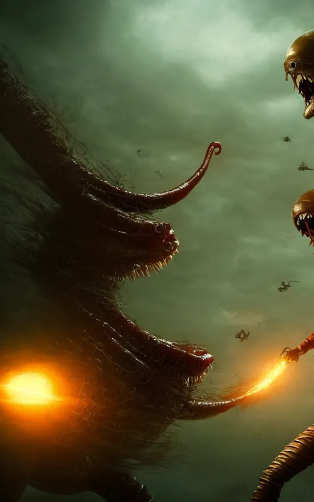 Image similar to pirates fighting giant screaming worm, cinematic atmosphere, maximized, high detail, 8k, ornate, dark fantasy, masterpiece, complex, film still from the movie directed by Denis Villeneuve