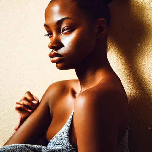 Image similar to intricate beautiful portrait of a cute thin young black woman, hair in a ponytail, casual clothes, relaxing on the couch, home interior, golden hour, close up shot, 8 k, hyperreal art by irakli nadar, hyperrealism, hyperdetailed, ultra realistic