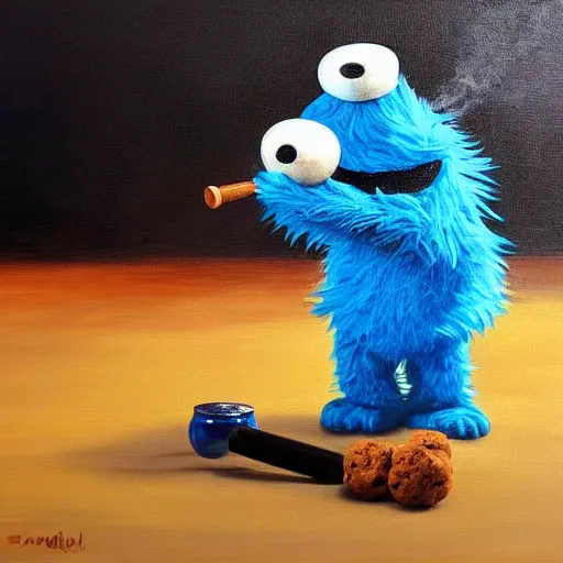 Image similar to cookie monster smoking a pipe, hyper realistic oil painting