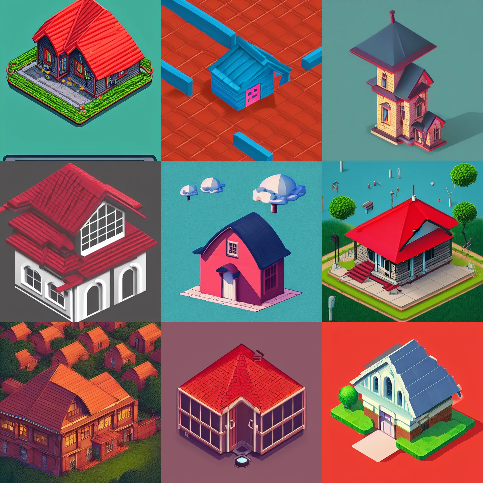 Prompt: isometric webdesign icon for house with red tile gable roof, by Artgerm, tooth wu, dan mumford, beeple, wlop, rossdraws, James Jean, Andrei Riabovitchev, Marc Simonetti, yoshitaka Amano, Artstation