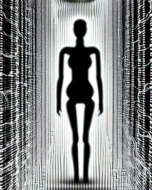 Image similar to black and white artistic photo, full figure, young female cyborg - vegetal, microchip, artificial intelligence, bio - mechanical bio - luminescence, black wired cables, cinematic, rim light, photo - realistic, 8 k