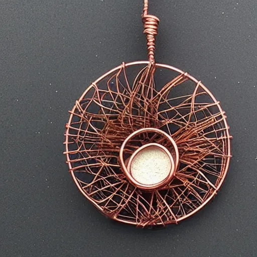 Image similar to a beautiful circular pendant made of sand and dirt, tied together by copper wire