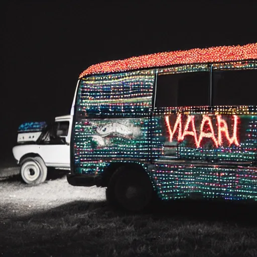 Image similar to photograph of creepy van at night with free candy written on it