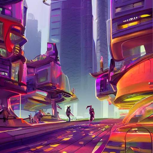 Prompt: swagger! futuristic living large in the city by tyler edlin, entourage struts down the sidewalk, bold colors, detailed, incredible lighting, great composition, artstation